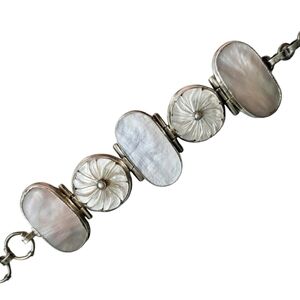 Sterling silver bracelet Hand carved mother of pearl flowers and ovals 925